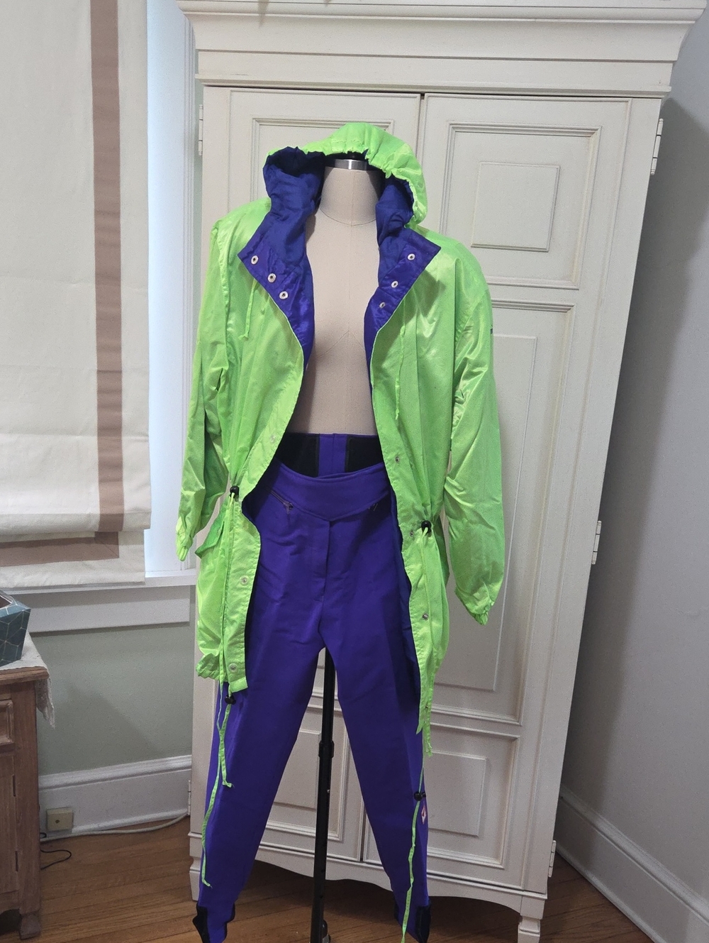 Obermeyer Neon Green Hooded Ski Jacket with Purple Ski Pants